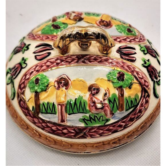 Bowl & Lid-Gold Trim-Japanese Inspired Summer Scenes-3D Embossed-Colorful-Footed - Picture 11 of 16